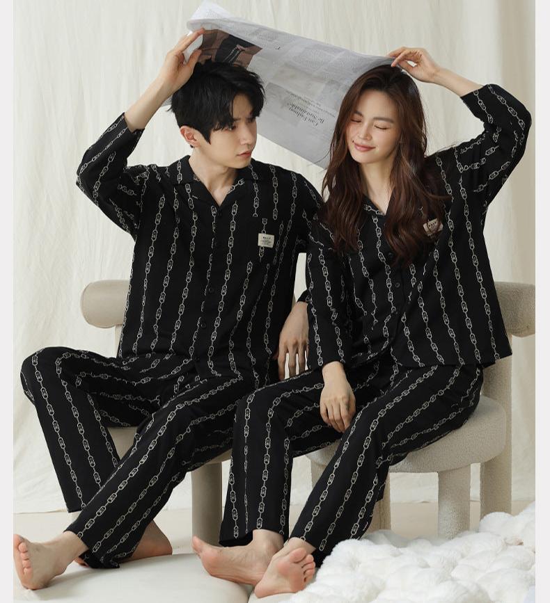 Button-Front Matching Black Couples Pajamas - Premium Cotton