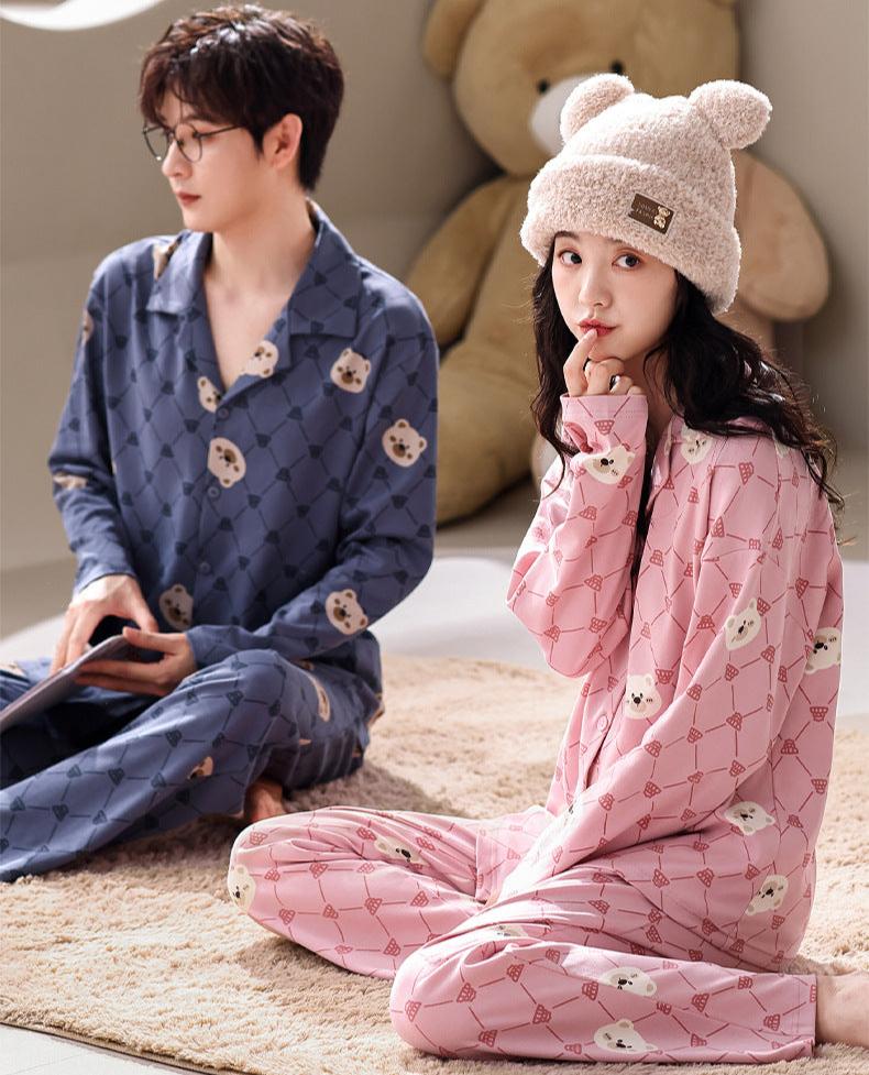 Bear Print Long Sleeve Pajamas Set for Couples 100% Cotton