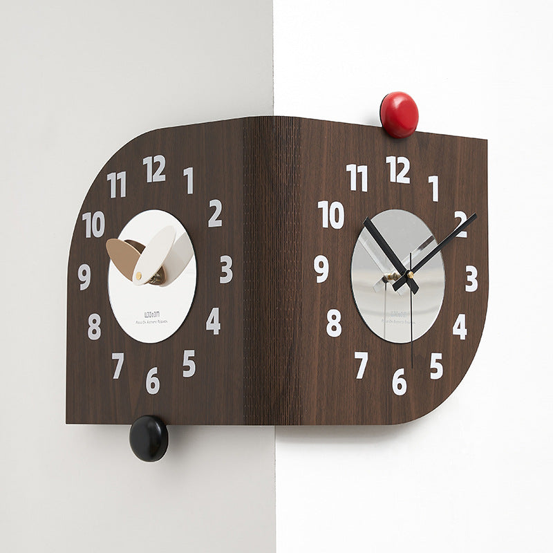 Corner Double-Sided Silent Wall Clock – Rich Brown (Dual Time)