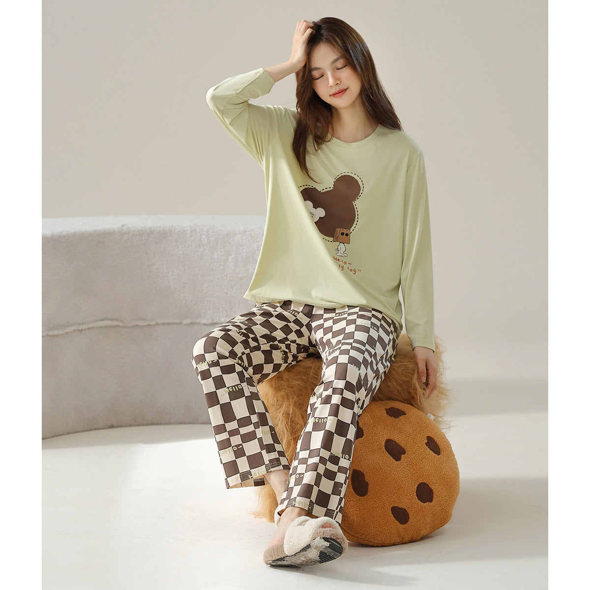 4-Piece Bear Checkered PJs Set for Couples