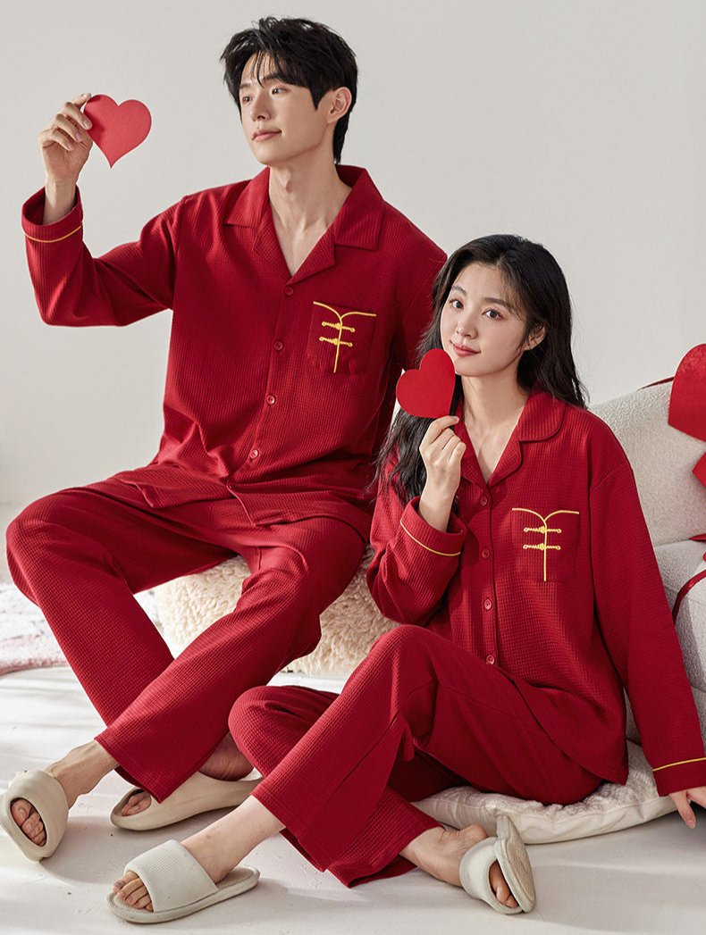 Long Sleeves Red Chinese Matching Sleepwear Set 100% Cotton