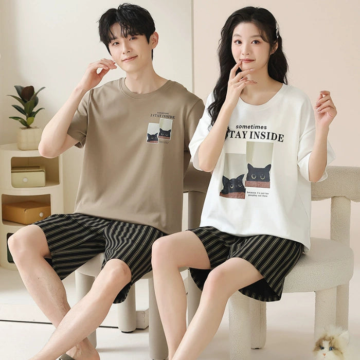 Cat Print Couple PJs - Matching 100% Cotton Summer Set