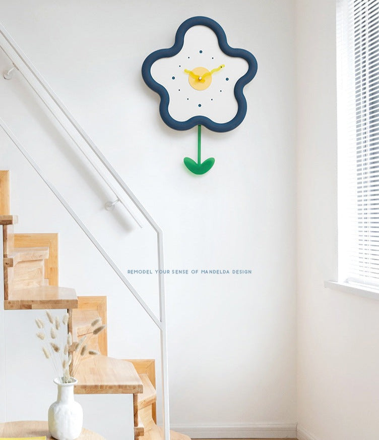 Kids Silent Flower Wall Clock with Swinging Pendulum - Eco-Friendly Bedroom Decor