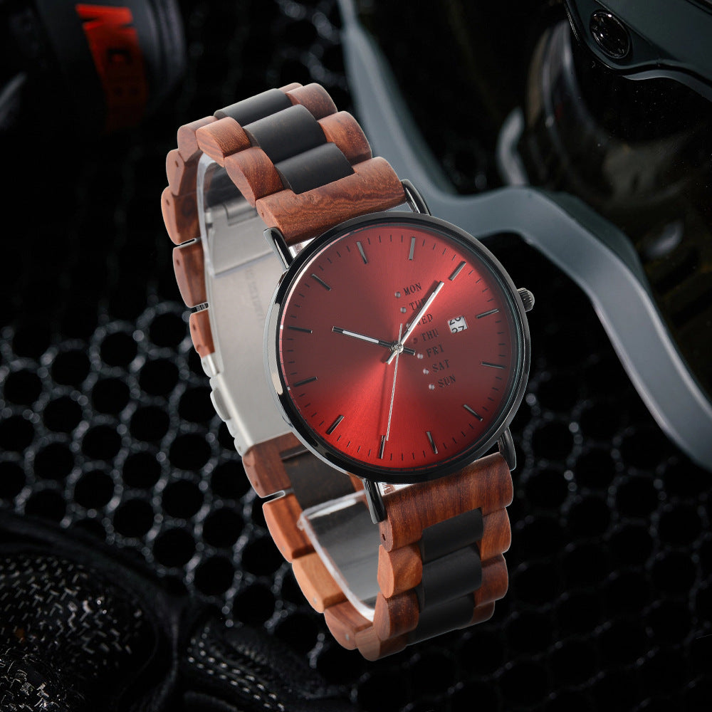 Mens Wood Quartz Watch Luminous Hands and Calendar