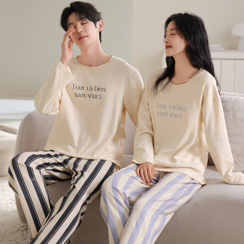 Matching Couple Pajamas Set – French Letter Print, Soft Cotton Minimalist Style
