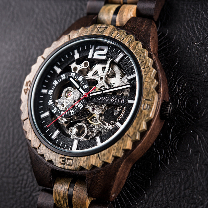 Engraved Skeleton Wood Couple Watch Set