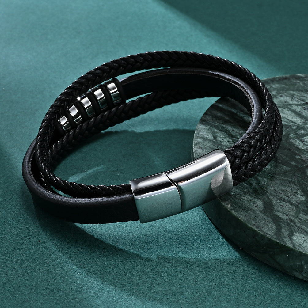 Engravable Mens Braided Bracelet Leather 8.6 Inches