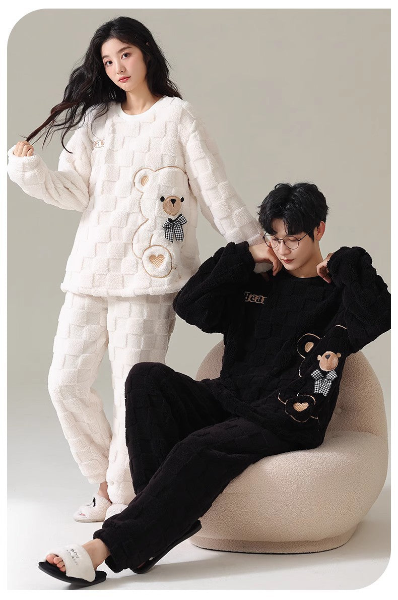 4-Piece Thick Flannel Couples Cute Pajamas Set