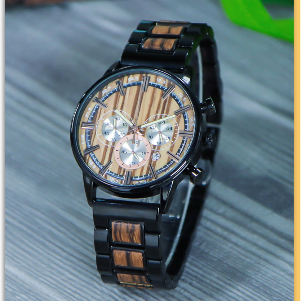 Engraved Mens Wood Watch Multifunctional