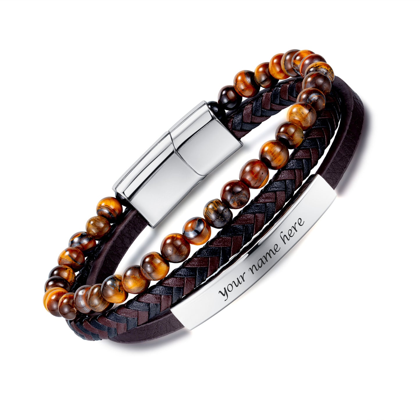 Engravable Multilayered Mens Bracelet Tiger-eye Stone