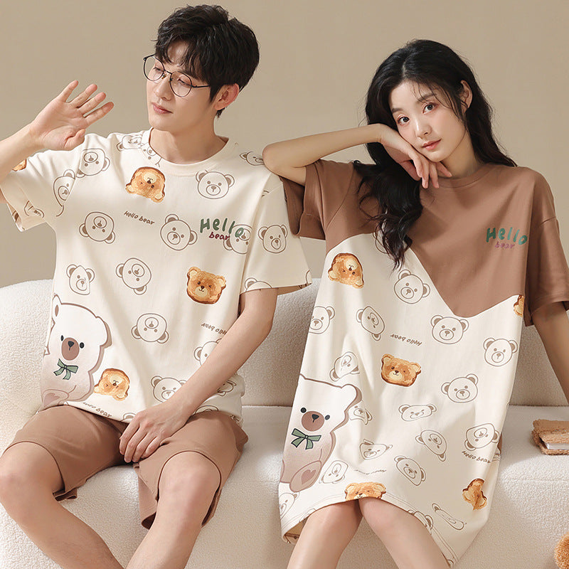 Bear Summer Sleepwear for Couples - Matching Cotton PJs Set (Men's Shorts & Women's Dress)