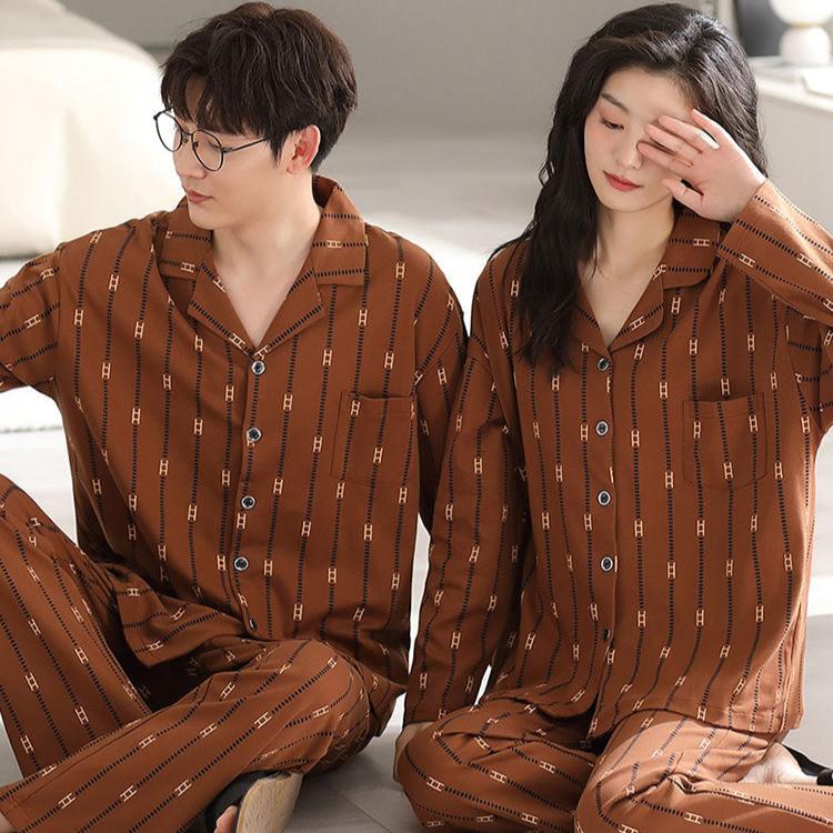 Matching Long Sleeves Couples Pajamas Set 100% Cotton