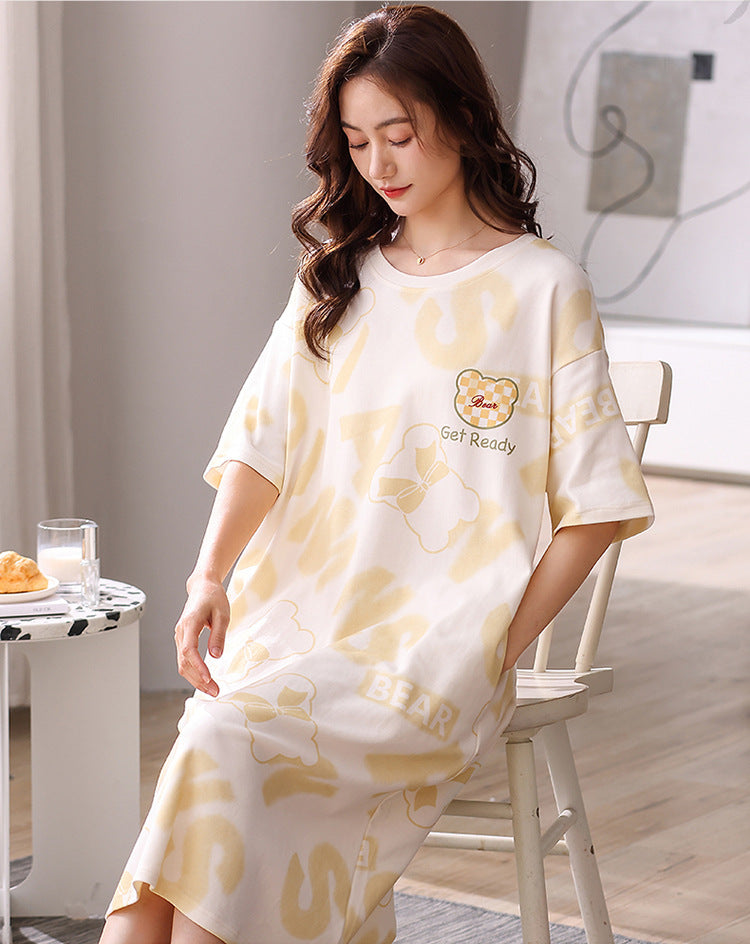 Short-Sleeve Mid-Length Nightwear Shirt 100% Cotton