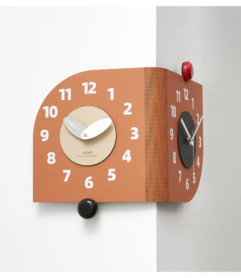 Corner Double-Sided Silent Wall Clock – Terracotta (Dual Time)