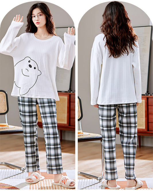 Cute Bear Couple PJs: Matching Long Sleeve Plaid Pajamas