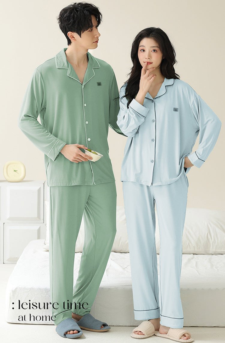 Long Sleeve Collar Matching Pajamas Set 100% Cotton