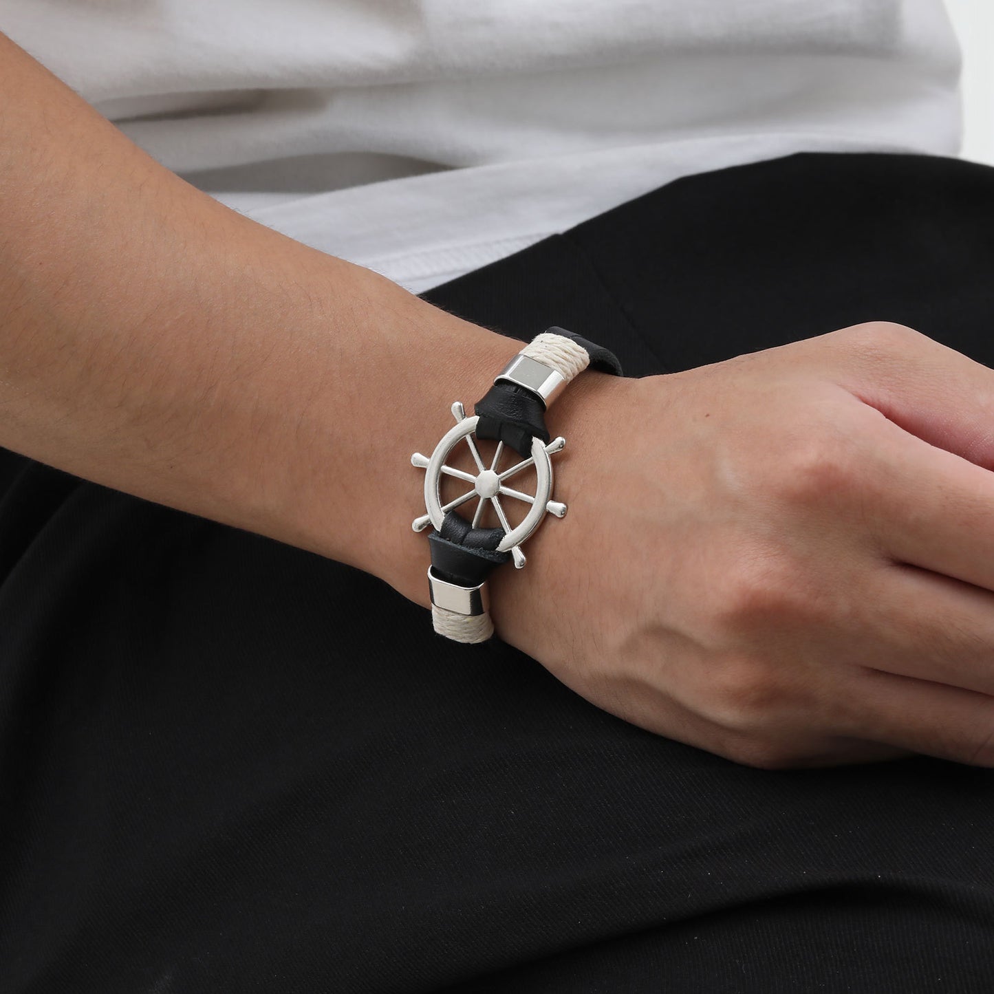 Engraved Rudder Leather Wrap Bracelet for Him