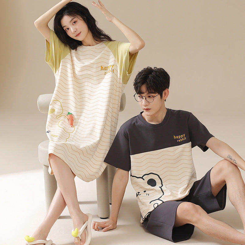Cute Bear & Rabbit Matching Summer Sleepwear Set for Couples (100% Cotton)
