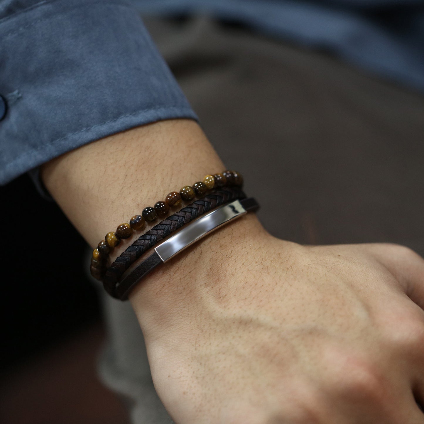 Engravable Multilayered Mens Bracelet Tiger-eye Stone