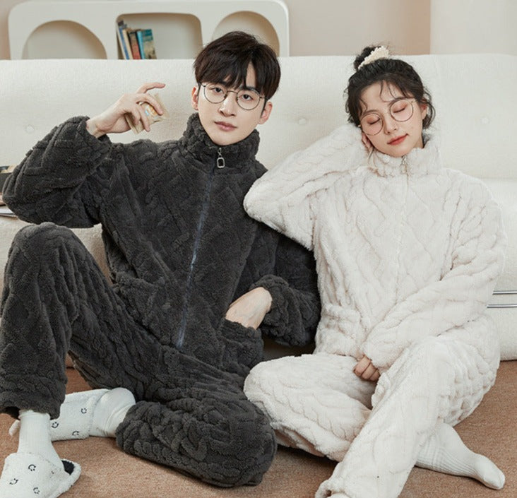 Matching Flannel Winter Zipper Sleepwear for Couples