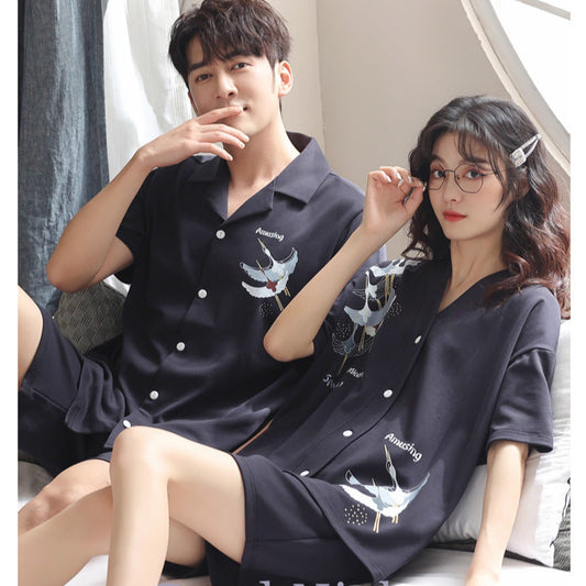 Oriental Crane Print Couple PJs - Matching Cotton Summer Set