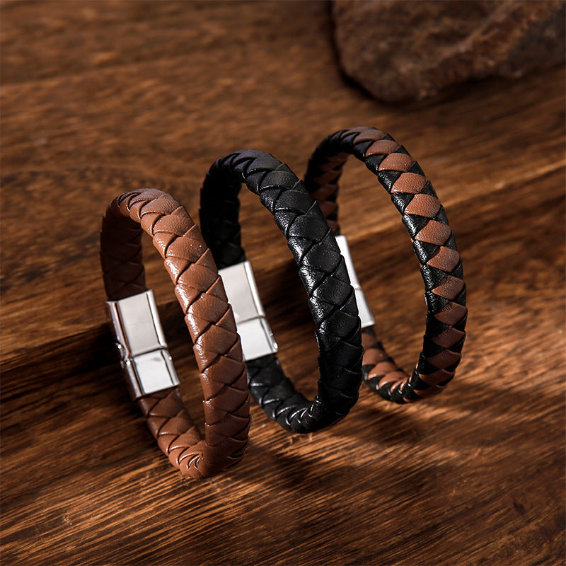 Custom Engraved Mens Leather Bracelet 21.5cm