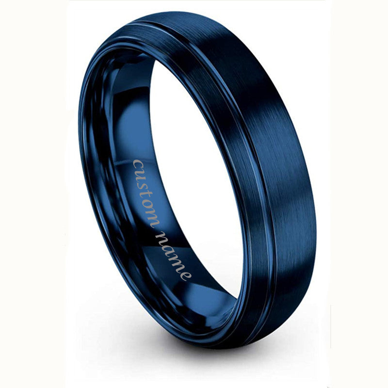 Engraved Brushed Stainless Steel Ring (6mm) - Blue Tone