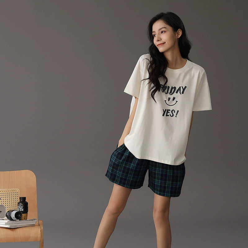 Gullei™ 4-Piece Plaid Pajamas Set Short-Sleeve 100% Cotton