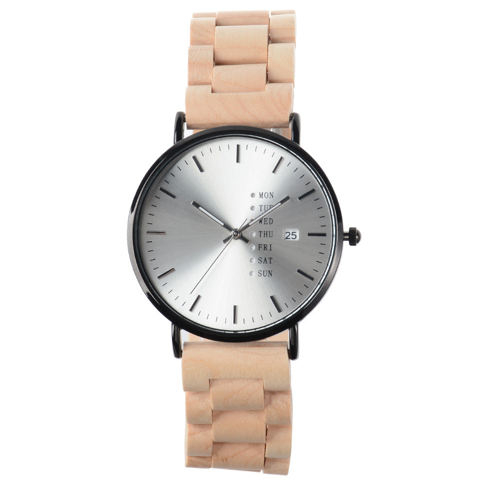 Mens Wood Quartz Watch Luminous Hands and Calendar