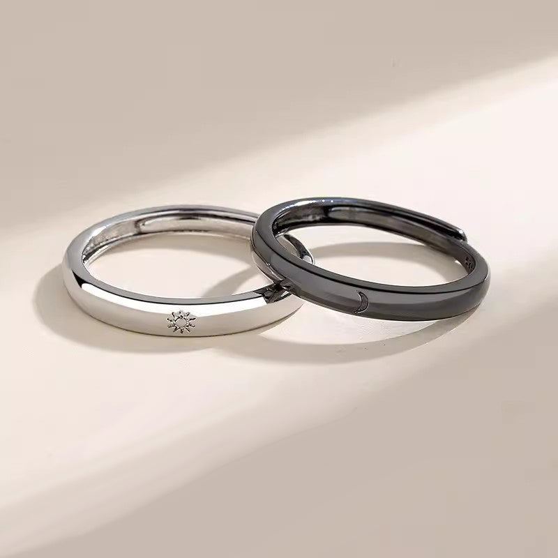 Engraved Sun & Moon Couple Rings - Silver Adjustable Set