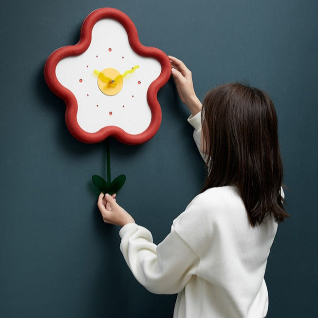 Kids Silent Flower Wall Clock with Swinging Pendulum - Eco-Friendly Bedroom Decor