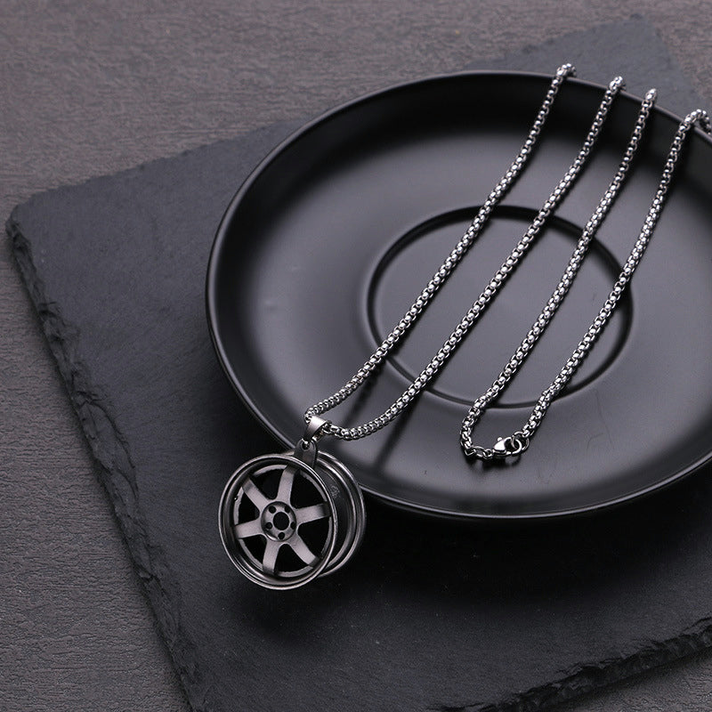 Car Rim Necklace Engravable Gift - Stainless Steel Box Chain for Mechanics