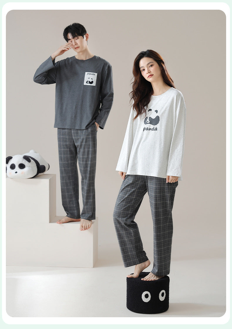 4-Piece Plaid Pattern Pandas Matching Cotton Pajamas