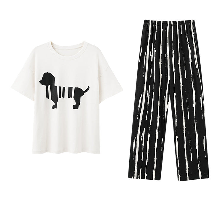 Cute Puppy Couple Pajamas - Cotton Short Sleeve Long Pants