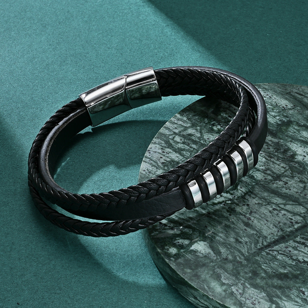 Engravable Mens Braided Bracelet Leather 8.6 Inches