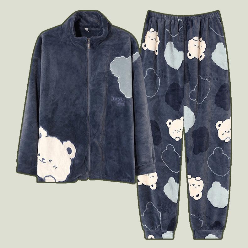 4-Piece Winter Thick Flannel Couples Cute Pajamas Set
