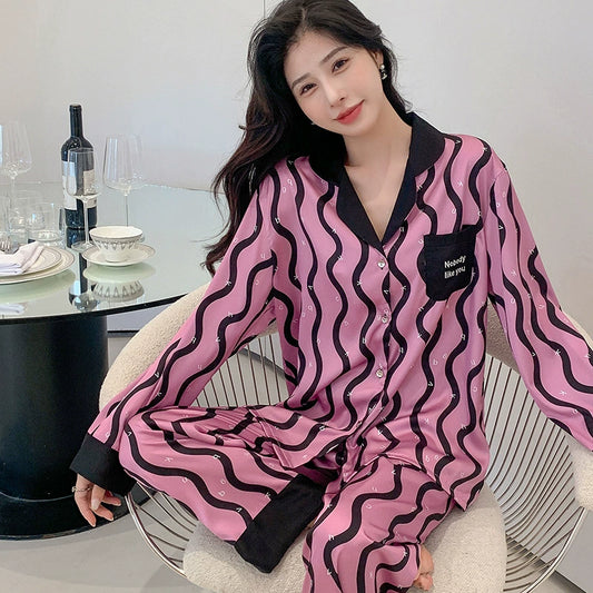 Women Pajamas Set – Trendy Pink/Black Wave Print Sleepwear