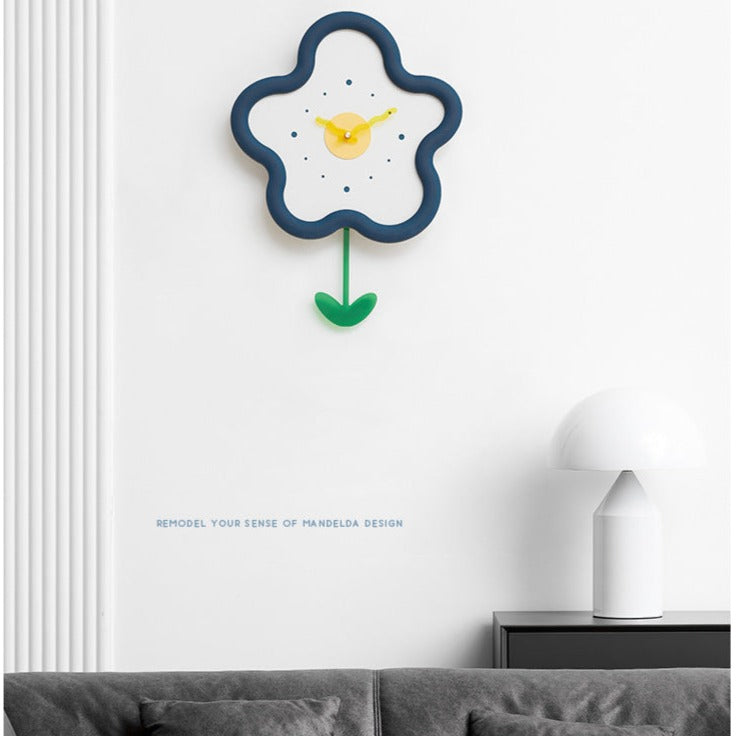 Kids Silent Flower Wall Clock with Swinging Pendulum - Eco-Friendly Bedroom Decor