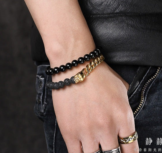 Skull Volcanic Beads Mens Bracelet 18.5cm