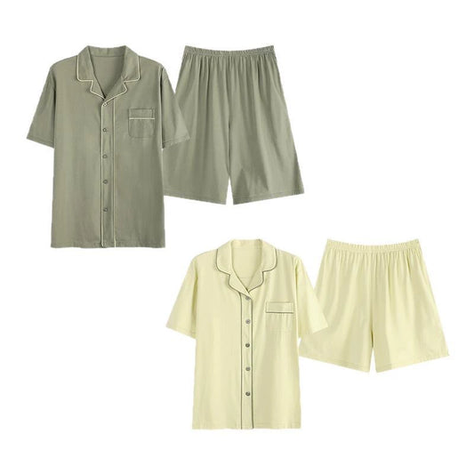 Soft Cotton Couple PJs - Short Sleeve Cardigan Style