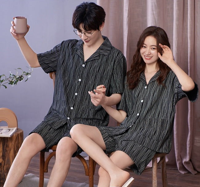 Matching Short Sleeve Pajamas Set for Men and Women 100% Cotton