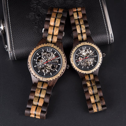 Engraved Skeleton Wood Couple Watch Set