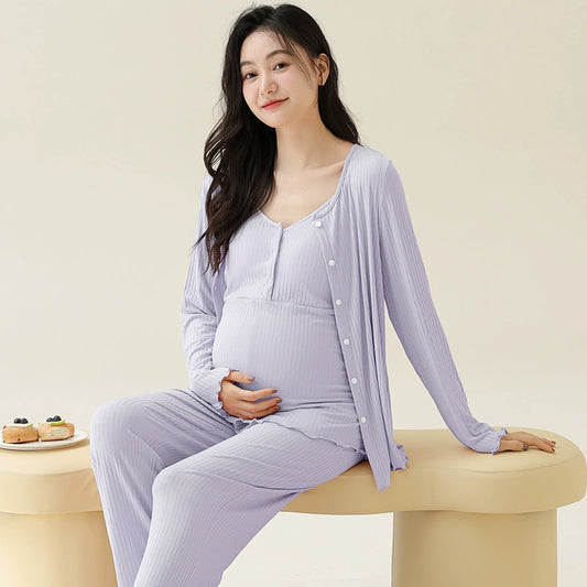 Gullei™ 3-Piece Cotton Maternity & Nursing Pajama Set with Robe