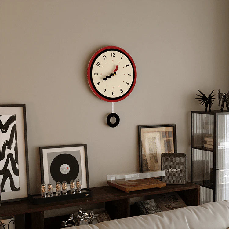 Nordic Silent Pendulum Wall Clock — 12" Round (Acrylic, Red Frame)