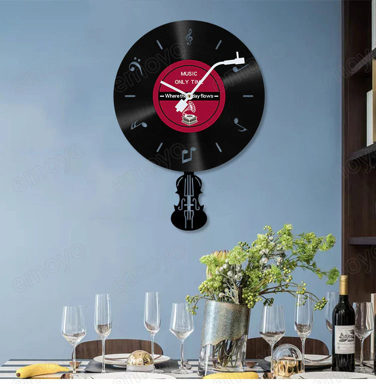 LP Record Pendulum Wall Clock — Vinyl, Silent (15.7x11.8 in)