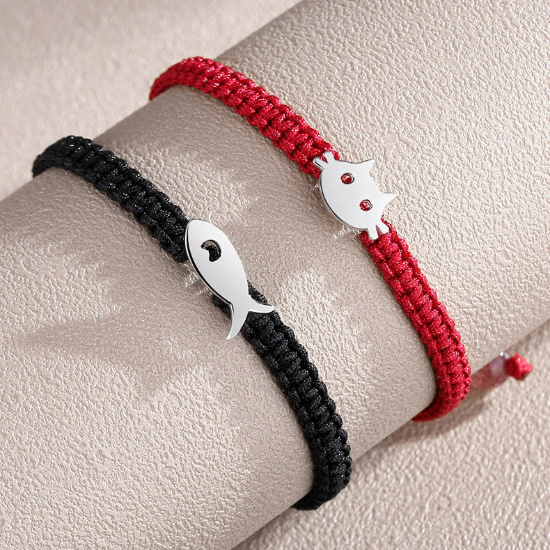 Engraved Cat and Fish Promise Bracelets for 2