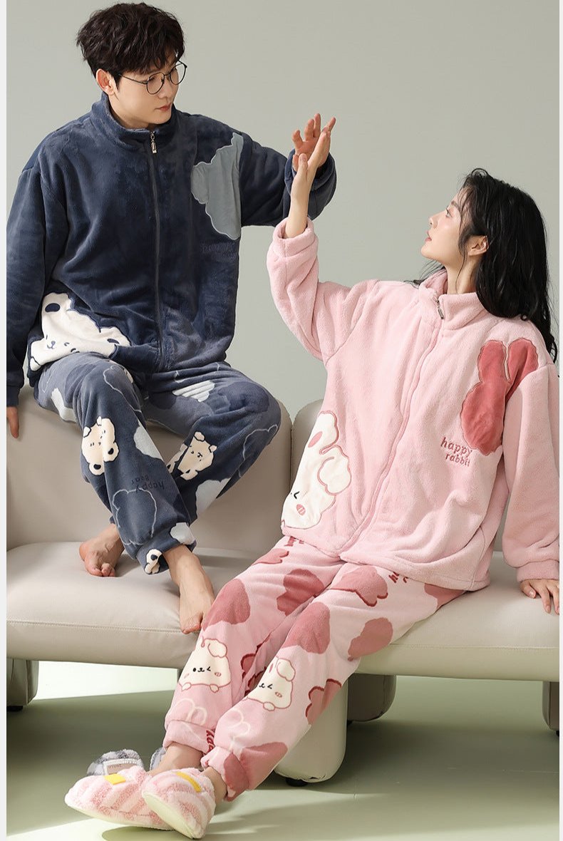 4-Piece Winter Thick Flannel Couples Cute Pajamas Set