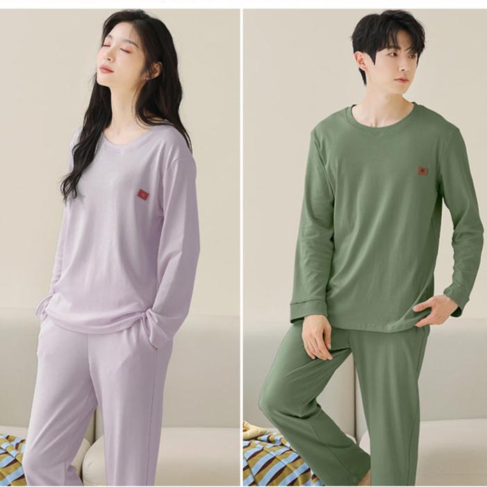 Long Sleeve Round Neck Couples Winter Pajamas 100% Cotton