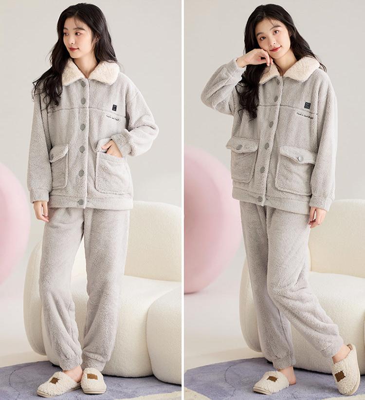Thickened Flannel Button Up Winter Pajamas Set