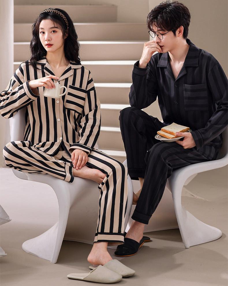 Long Sleeve Strips Print Couples Pajamas Set 100% Cotton